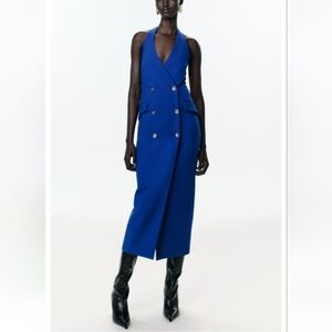Zara Elegant Blue Halter Wrap Tube Midi Dress Sz-M